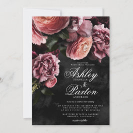 Moody Elegant Pink | Floral Bouquet auf Black Invi Einladung