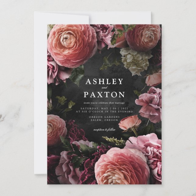 Moody Elegant Pink | Floral Bouquet auf Black Invi Einladung (Vorderseite)