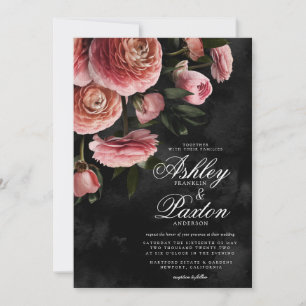 Moody Elegant Pink   Floral Bouquet auf Black Invi Einladung