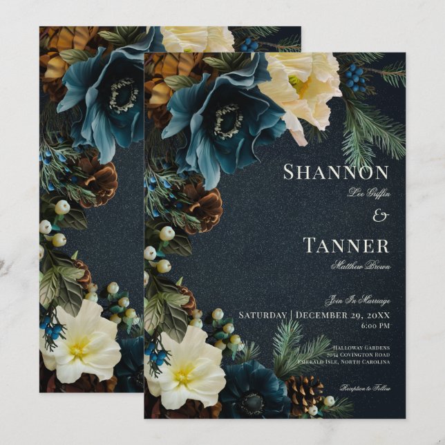 Moody Elegant Winter Blue Pine Wedding Einladung (Vorne/Hinten)