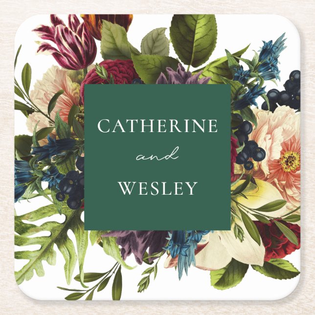Moody Emerald Green Winter Floral Wedding Rechteckiger Pappuntersetzer (Vorderseite)