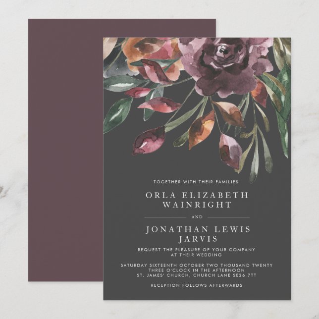 Moody Fall Floral Burst Lila Hochzeit Einladung (Vorne/Hinten)