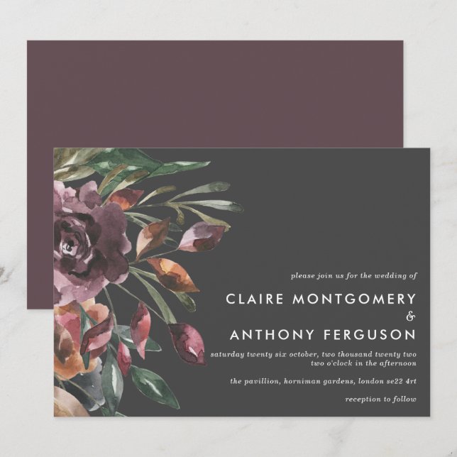 Moody Fall Floral Burst Wasserfarbenhochzeit Einladung (Vorne/Hinten)