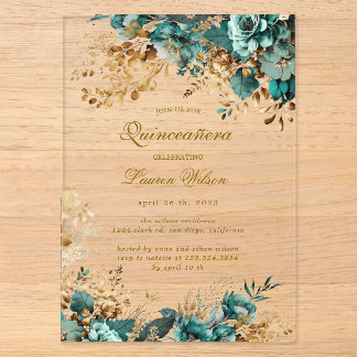Moody Floral Aquamarin Quinceañera Acryleinladungen