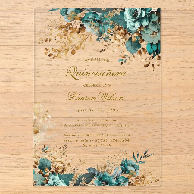 Moody Floral Aquamarin Quinceañera Acryleinladungen (Vorderseite)