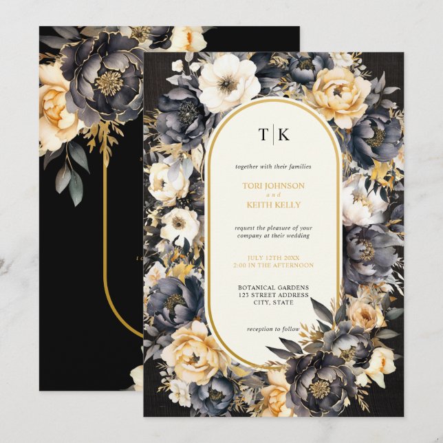 Moody Floral Black and White QR Code Invitation (Devant / Derrière)
