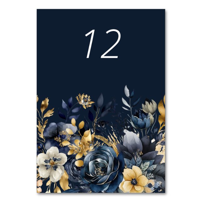 Moody Floral Blue Gold Hochzeitskarte Tischnummer (Vorderseite)