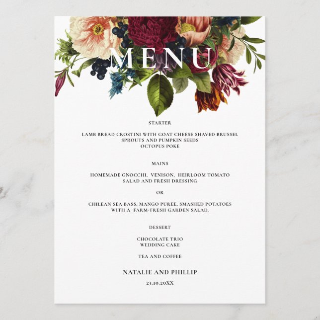 Moody Floral Burgundy Wedding Dinner Menükarte (Vorderseite)