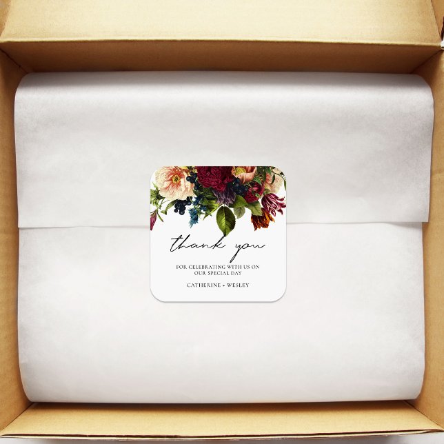 Moody Floral Burgundy Wedding Quadratischer Aufkleber (Von Creator hochgeladen)