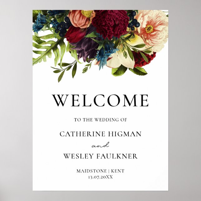 Moody Floral Burgundy Wedding Welcome Sign Poster (Vorne)