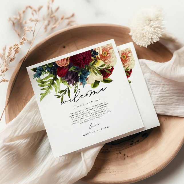 Moody Floral Burgundy Wedding Willkommen Serviette (Von Creator hochgeladen)