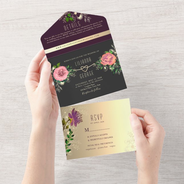 Moody Floral Lila Black Wedding All In One Einladung (Abreißen)