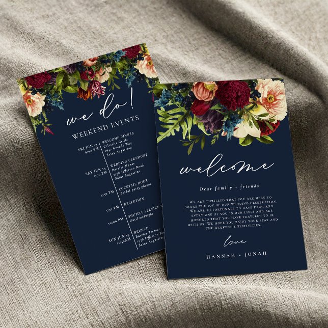 Moody Floral Navy Blue Wedding Welcome Bag Card Einladung (Von Creator hochgeladen)