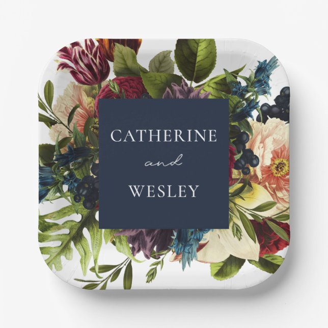 Moody Floral Navy & Burgundy Wedding Pappteller (Vorderseite)