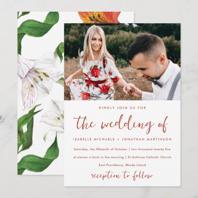 Moody Floral Pattern Foto Wedding Einladung (Vorne/Hinten)