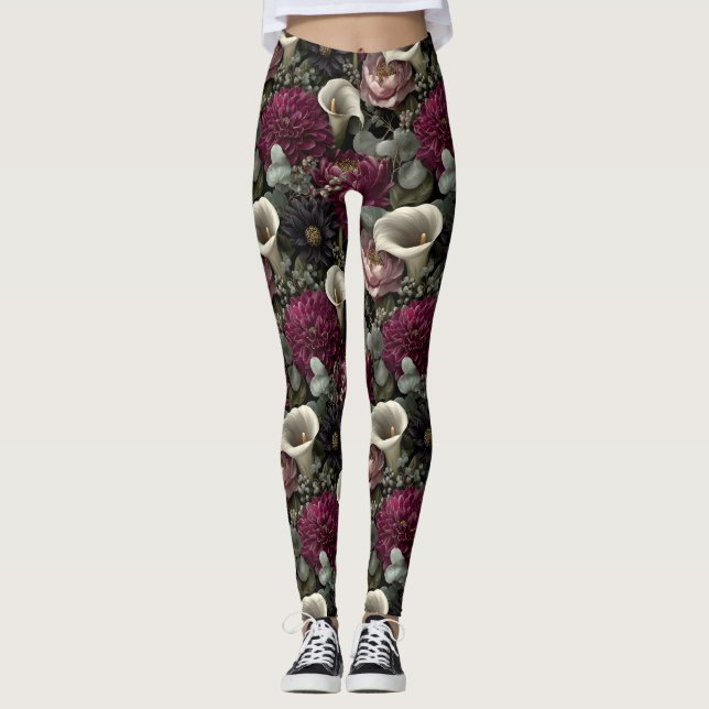 Moody Floral Pattern with Dahlias and Calla Lilies Leggings (Vorderseite)