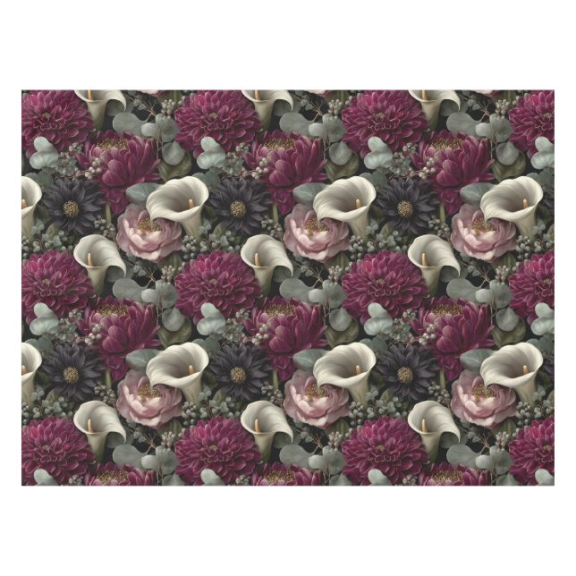Moody Floral Pattern with Dahlias and Calla Lilies Tischdecke (Vorderseite (Horizontal))