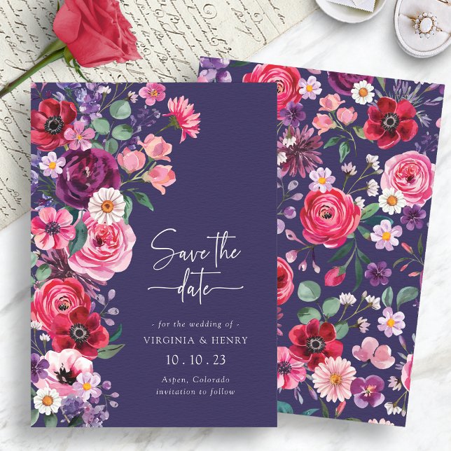 Moody Floral Save The Date (Moody Navy Blue Floral Save The Date Card by Painted Paperie
)