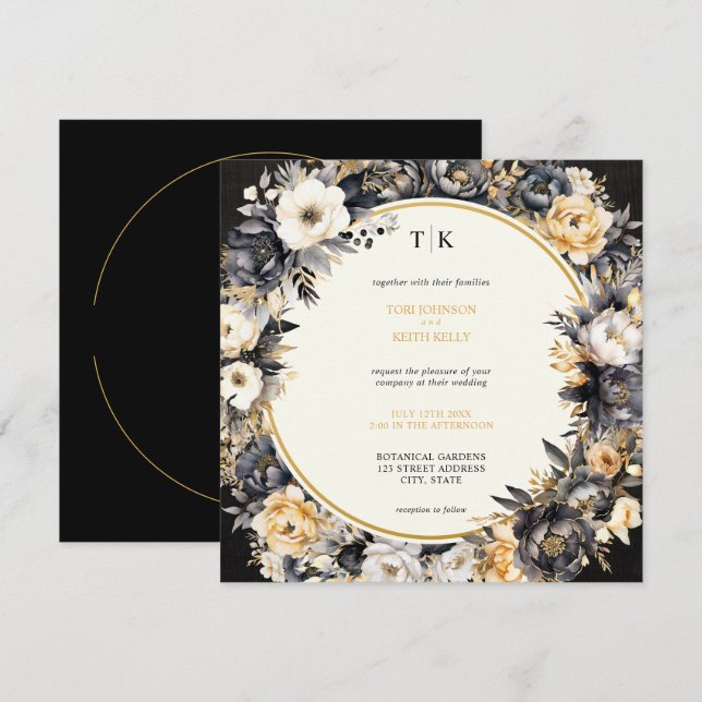 Moody Floral Schwarz-weiß & Gold Hochzeit Einladun Einladung (Vorne/Hinten)