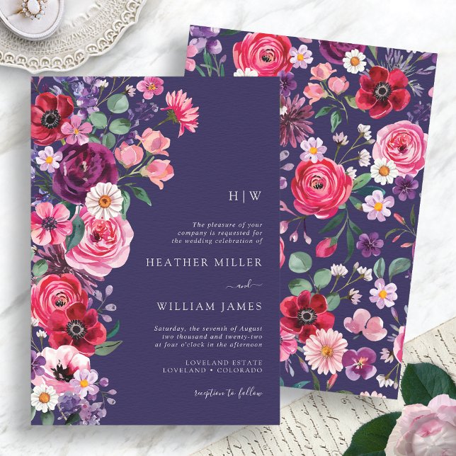 Moody Floral Wedding Einladung (Moody Navy Blue Floral Wedding Invitation Monogrammed by Painted Paperie
)