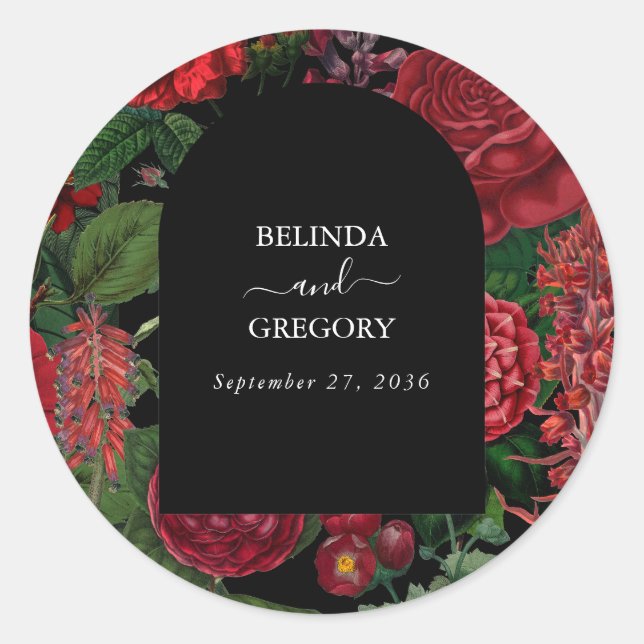 Moody Florals Black Arch Burgundy Red Wedding Runder Aufkleber (Vorderseite)