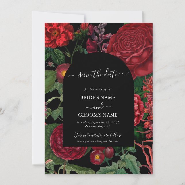 Moody Florals Black Arch Burgundy Red Wedding Save The Date (Vorderseite)