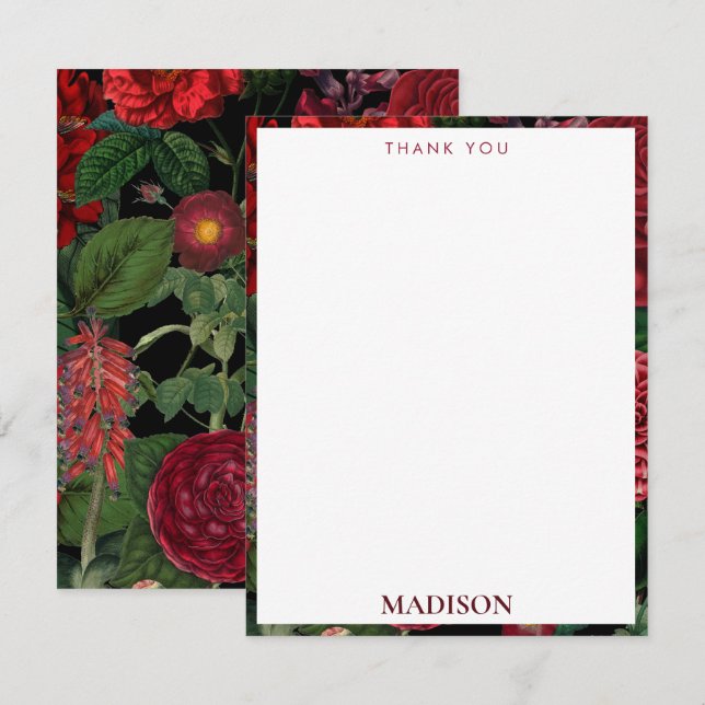 Moody Florals Black & Burgundy Vintag Monogram Dankeskarte (Vorne/Hinten)