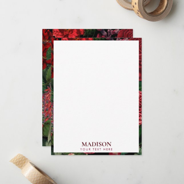 Moody Florals Black & Burgundy Vintag Monogram Mitteilungskarte (Vorderseite/Rückseite Beispiel)