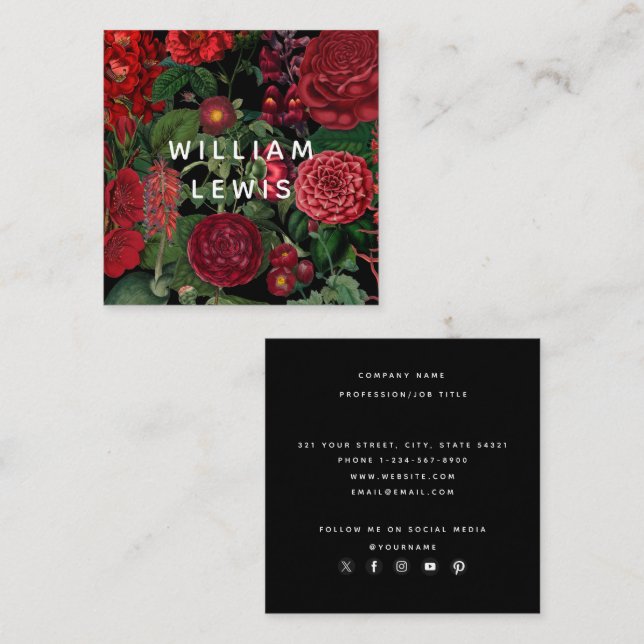 Moody Florals Black Social Media Icons Quadratische Visitenkarte (Vorne/Hinten)