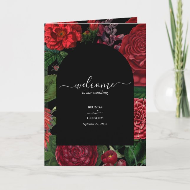Moody Florals Burgundy Wedding Order of Service Programm (Vorderseite)