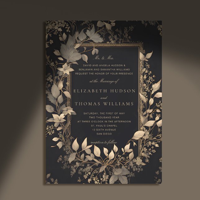Moody Forest Botanical Classic Gold Patina Wedding Einladung (moody forest wedding invitation botanical frame black gold vintage elegant classic traditional paren)