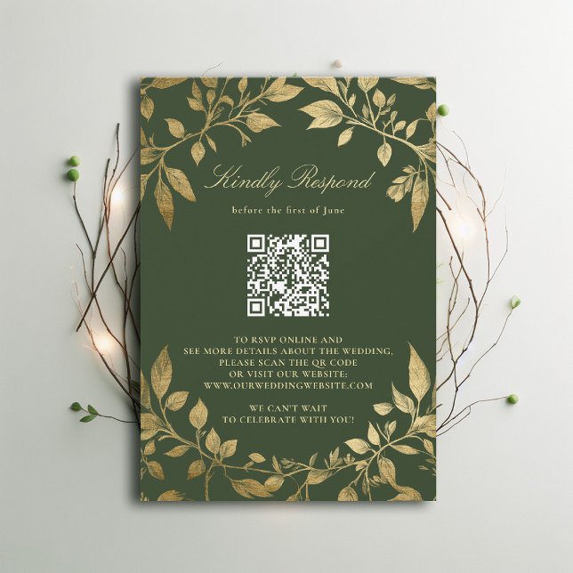 Moody Forest Foliage Frame Modern Classic QR RSVP (Moody Forest Foliage Frame Modern Classic QR RSVP wedding emerald green gold elegant)