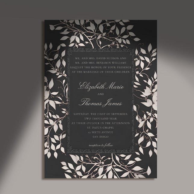 Moody Forest Foliage Traditionelle klassische Hoch Einladung (moody forest wedding invitation botanical frame black white elegant classic traditional parents)