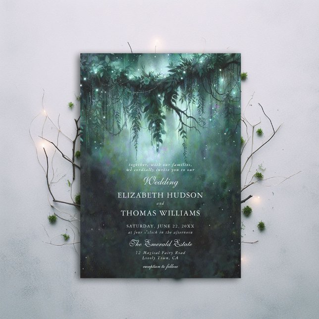 Moody Forest Greenery verzaubert Blue Dark Wedding Einladung (moody forest wedding enchanted fairy tale faerie woodland magical bespoke elegant blue formal invite)