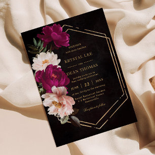 Moody Fuchsia Pink Blush Blues Peonies Wedding Einladung