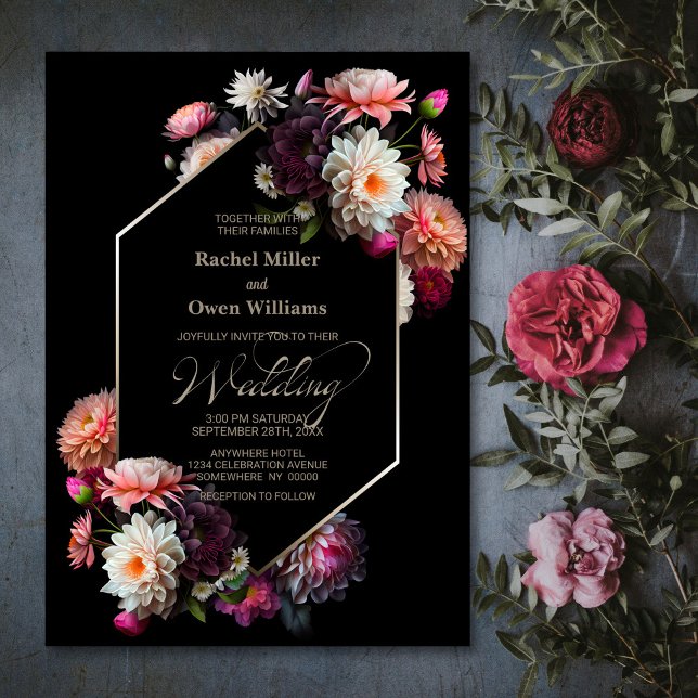 Moody Geometric Black Floral Wedding Einladung (Von Creator hochgeladen)