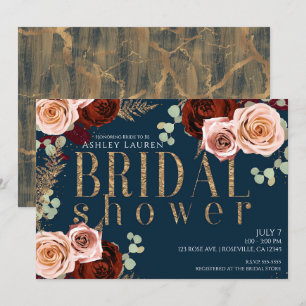 Moody Glam Dark Blue Gold Pink Roses Brautparty Einladung