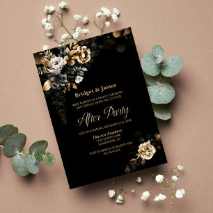 Moody Gold Floral Black Wedding After Party Einladung