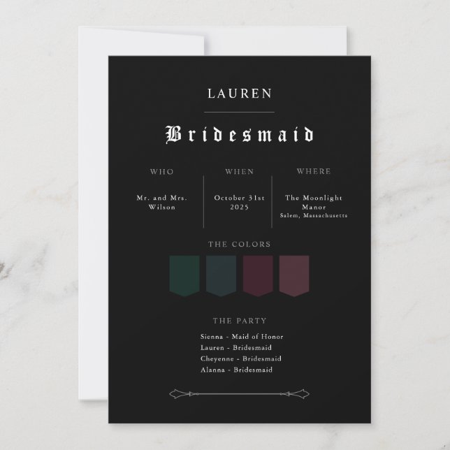 Moody Gothic Bridesmaid Proposal Invitation Einladung (Vorderseite)