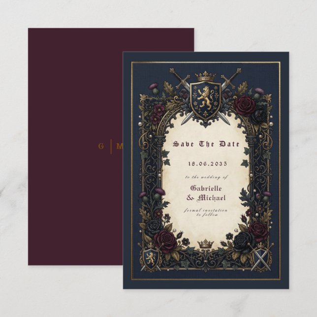 Moody Gothic Crest Navy Burgundy Gold Medieval  Save The Date (Vorne/Hinten)