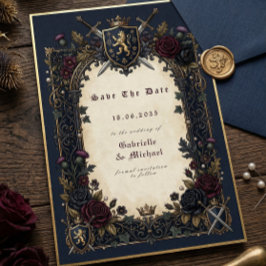 Moody Gothic Crest Navy Burgundy Gold Medieval  Save The Date