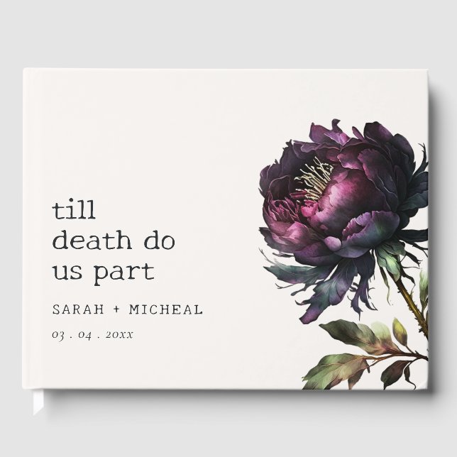 Moody Gothic Dark Lila Black Peony Wedding Gästebuch (Vorderseite)