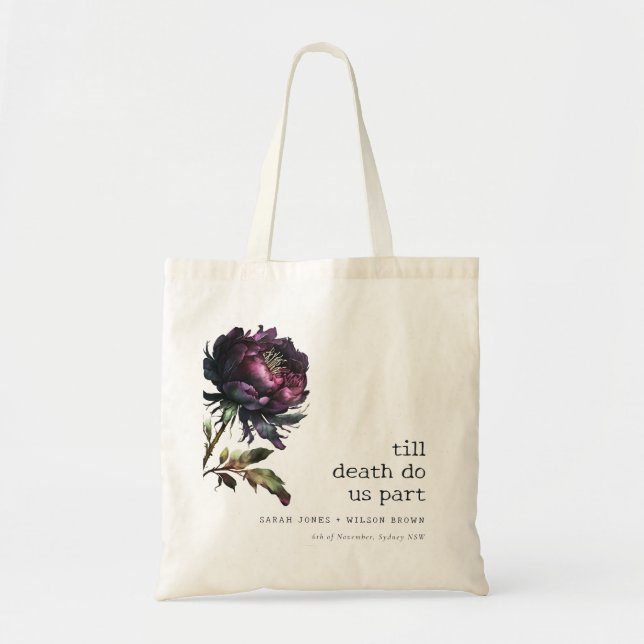 Moody Gothic Dark Lila Black Peony Wedding Tragetasche (Vorne)