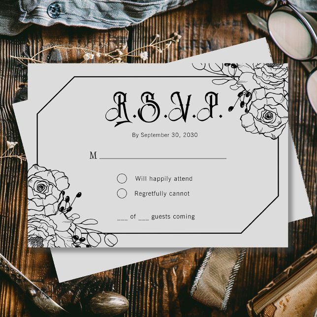 Moody Gothic Floral Gray Wedding RSVP Cards (Von Creator hochgeladen)