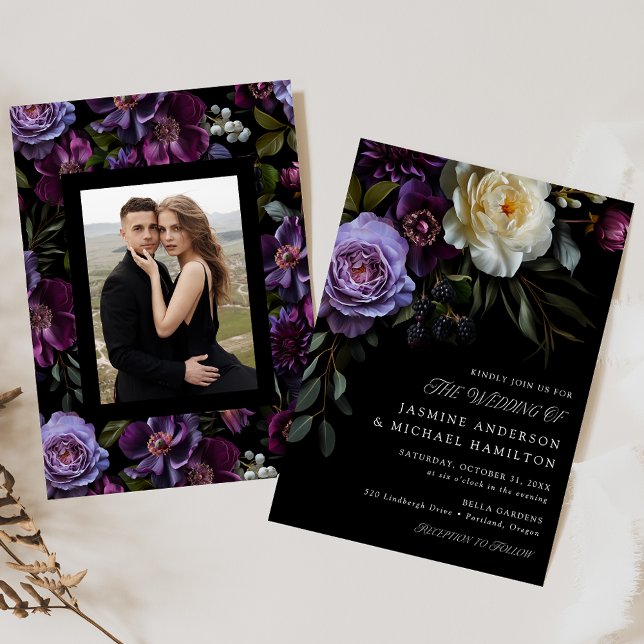 Moody Gothic Floral Photo Wedding Einladung (Von Creator hochgeladen)