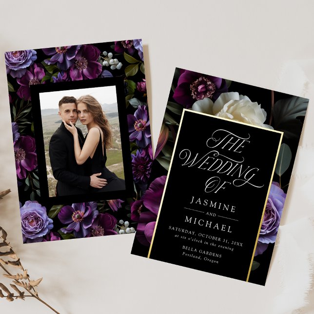 Moody Gothic Floral Photo Wedding Folieneinladung (Von Creator hochgeladen)