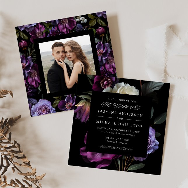 Moody Gothic Floral Square Photo Wedding Einladung (Von Creator hochgeladen)