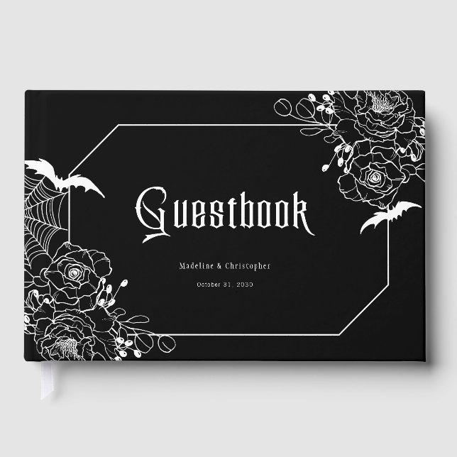 Moody Gothic Floral Wedding Black Gästebuch (Vorderseite)