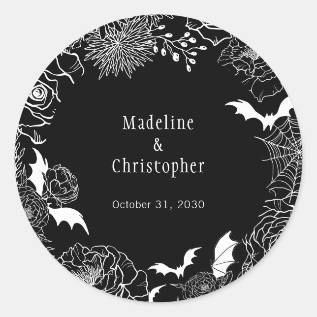 Moody Gothic Floral Wedding Black Runder Aufkleber (Vorderseite)