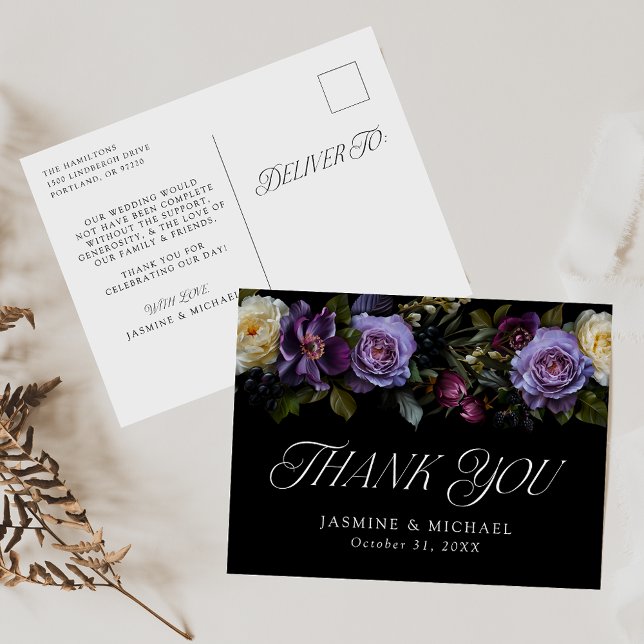 Moody Gothic Floral Wedding Thank You Postkarte (Von Creator hochgeladen)